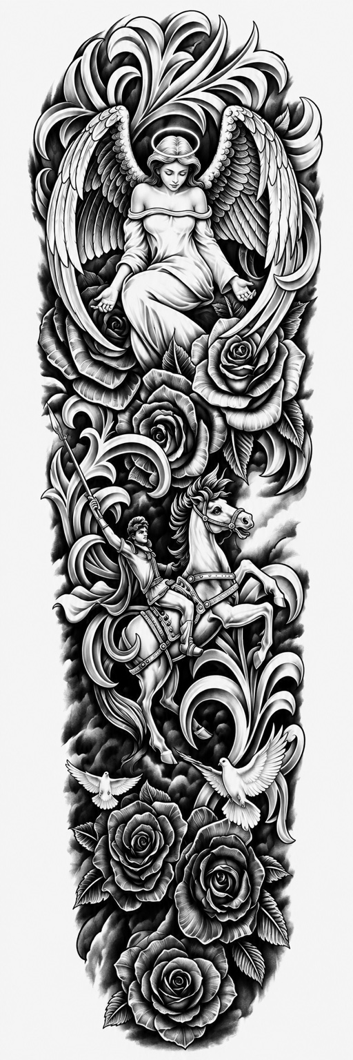 Arcángel y 4 rosas - tatuaje semipermanente brazo completo