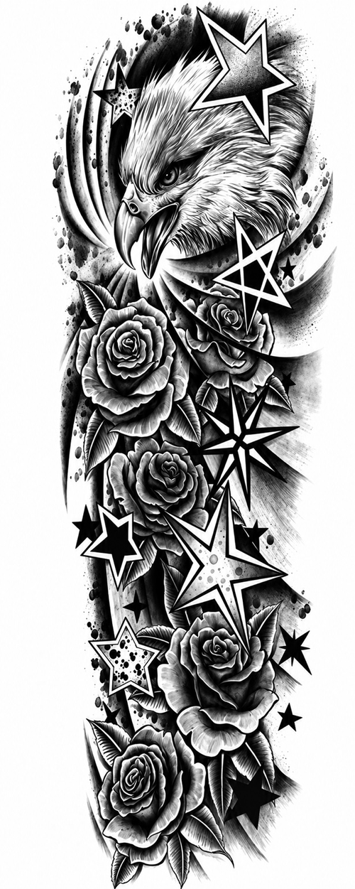Águila y 5 rosas - tatuaje semipermanente brazo completo
