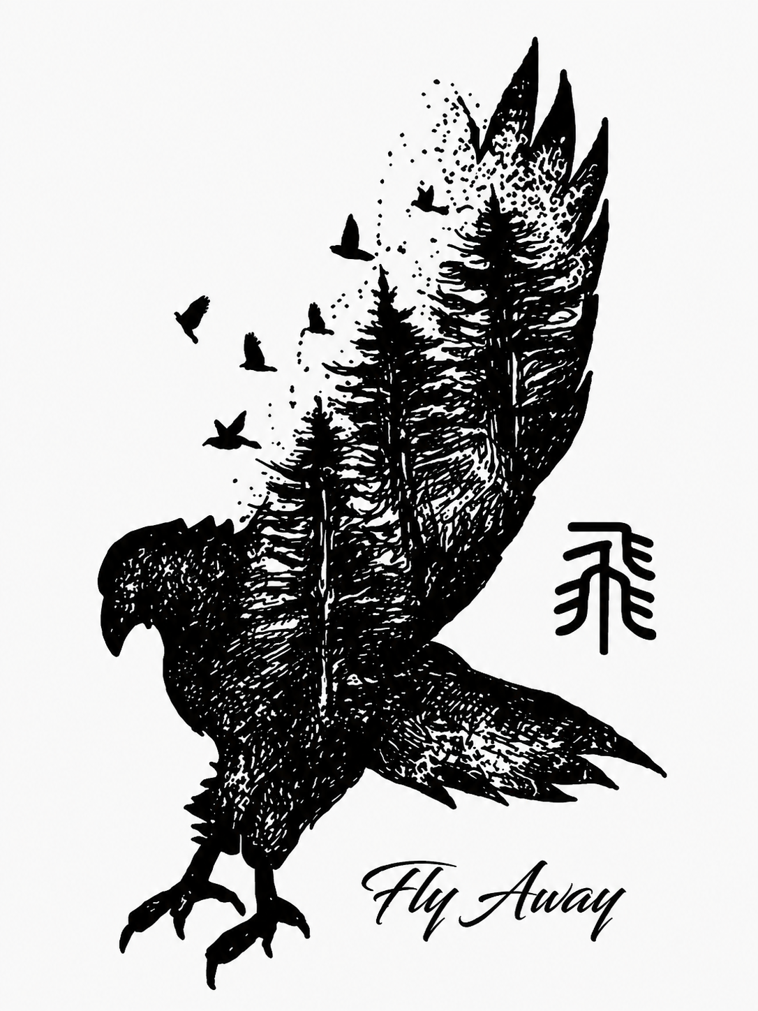 Ave y tres árboles - tatuaje semipermanente Línea Clásica AJ Novedades