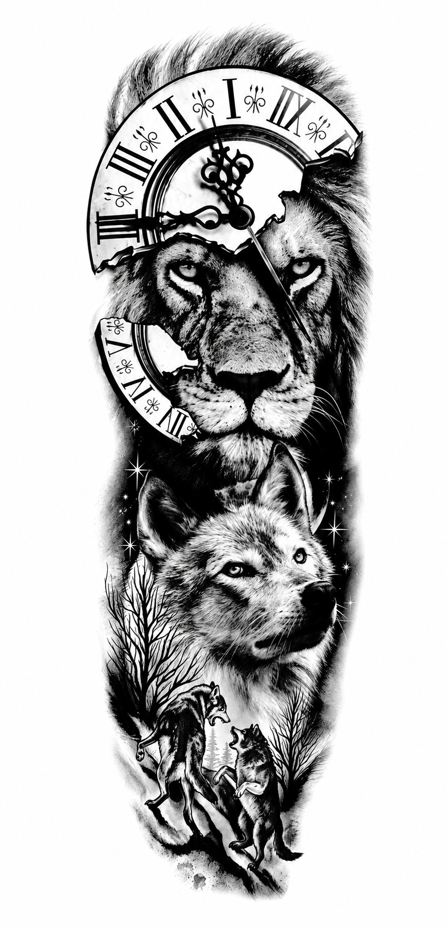 León y 3 Lobos - brazo completo semipermanente Premium AJ Novedades