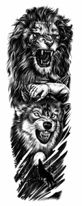 León y lobo salvaje - tatuaje semipermanente brazo completo