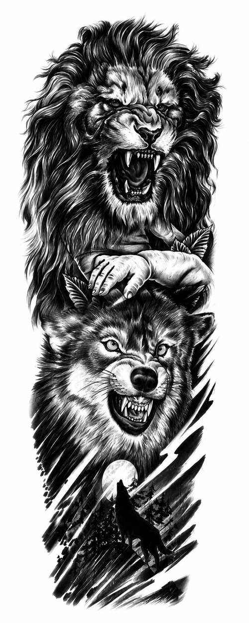 León y lobo salvaje - tatuaje semipermanente brazo completo