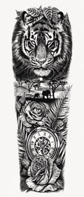 Tigre y dos rosas - brazo completo semipermanente Premium AJ Novedades
