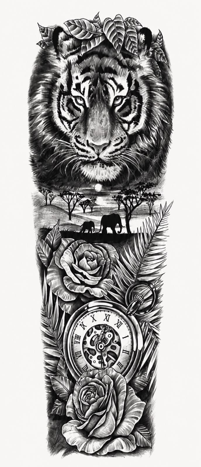 Tigre y dos rosas - brazo completo semipermanente Premium AJ Novedades