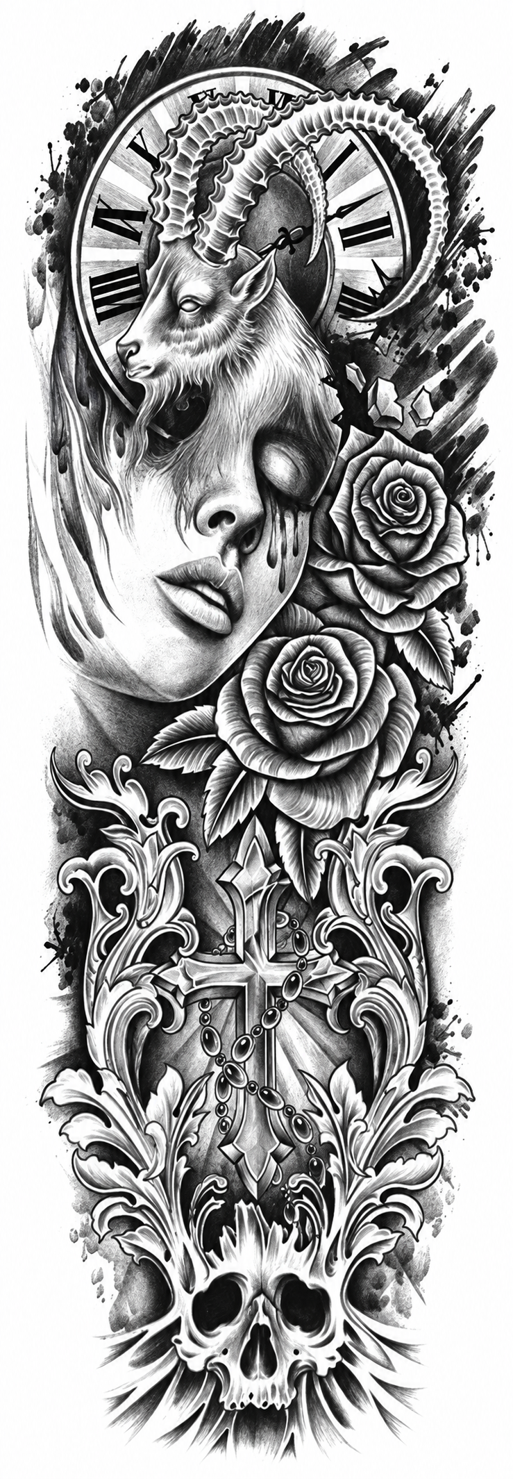 Cabra y mujer - tatuaje semipermanente brazo completo