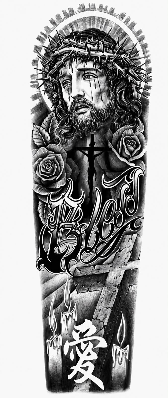 Jesús y dos rosas - brazo completo semipermanente Premium AJ Novedades