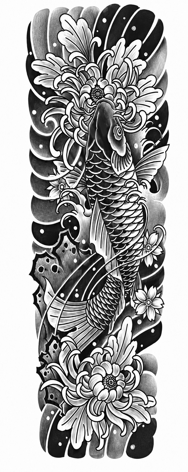 Estilo Japonés koi - tatuaje semipermanente brazo completo
