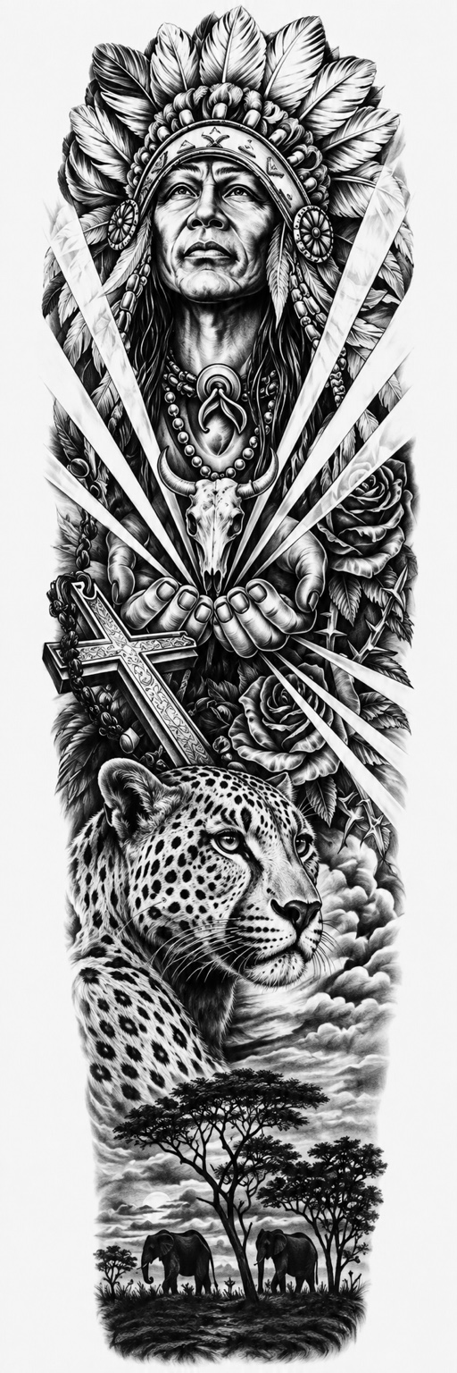 Indio y leopardo - tatuaje semipermanente brazo completo
