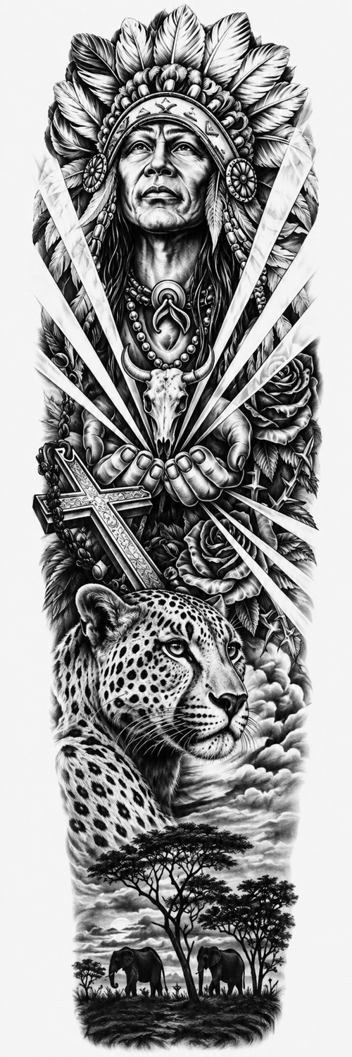 Indio y leopardo - tatuaje semipermanente brazo completo