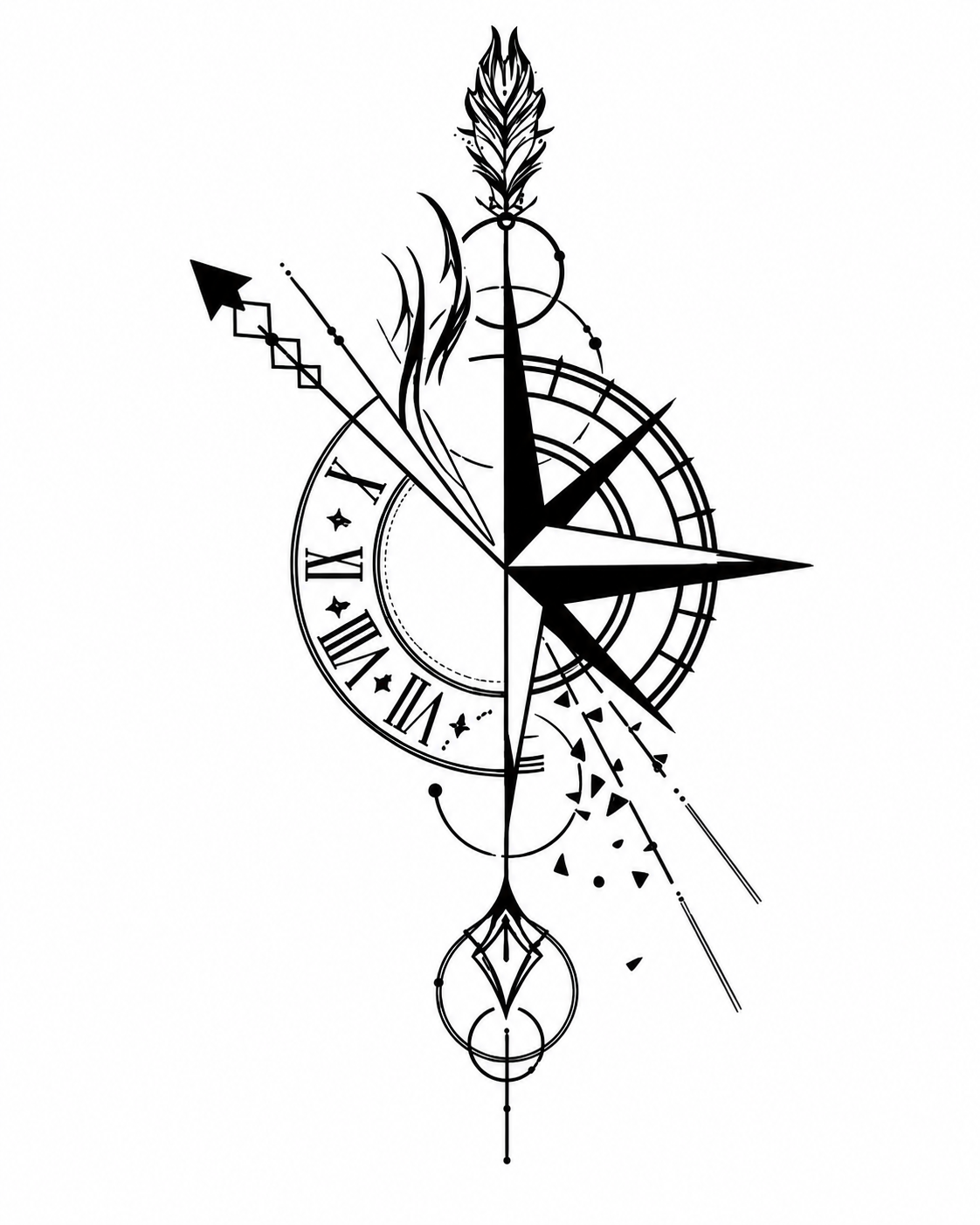 Brújula, flecha y reloj - tatuaje semipermanente Línea Clásica AJ Novedades