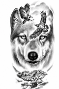 Lobo y dos aves - tatuaje semipermanente Premium AJ Novedades