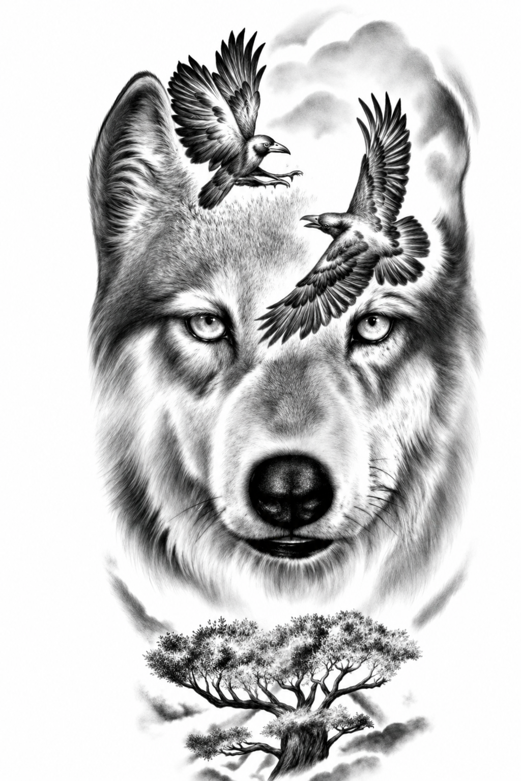 Lobo y dos aves - tatuaje semipermanente Premium AJ Novedades