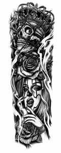 Cráneo, Corona y mujer - tatuaje semipermanente brazo completo