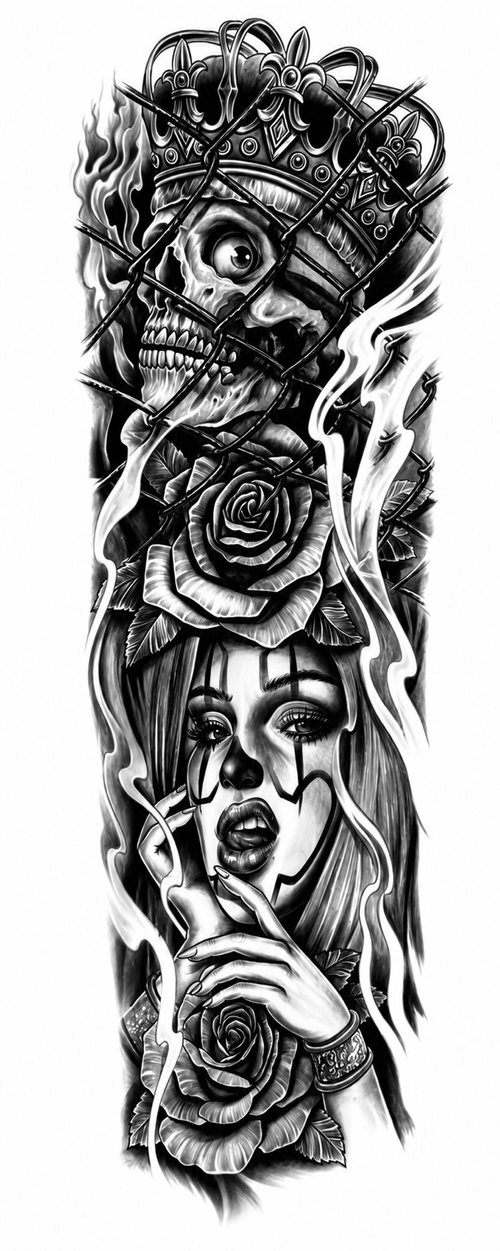 Cráneo, Corona y mujer - tatuaje semipermanente brazo completo