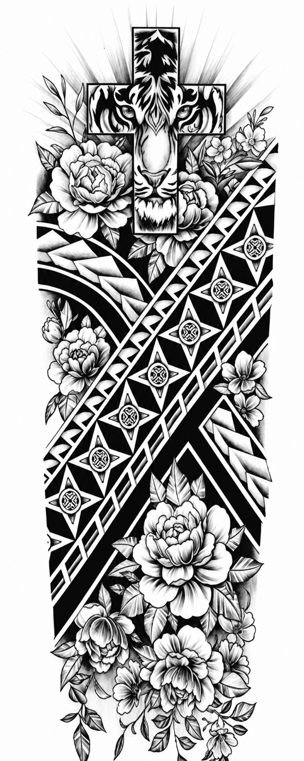 Cruz tigre tribal - tatuaje semipermanente brazo completo