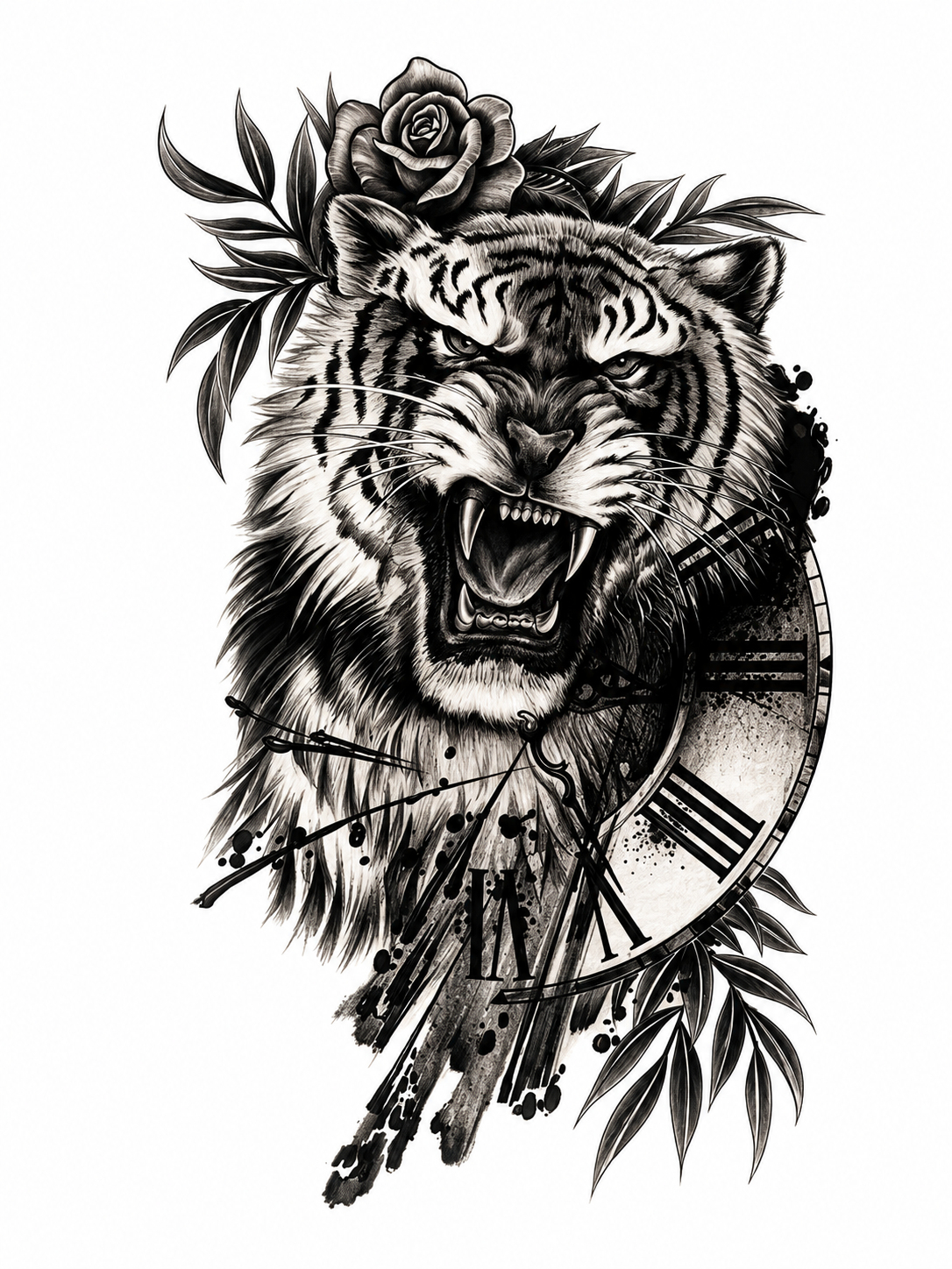 Tigre y Reloj - tatuaje semipermanente Línea Clásica AJ Novedades