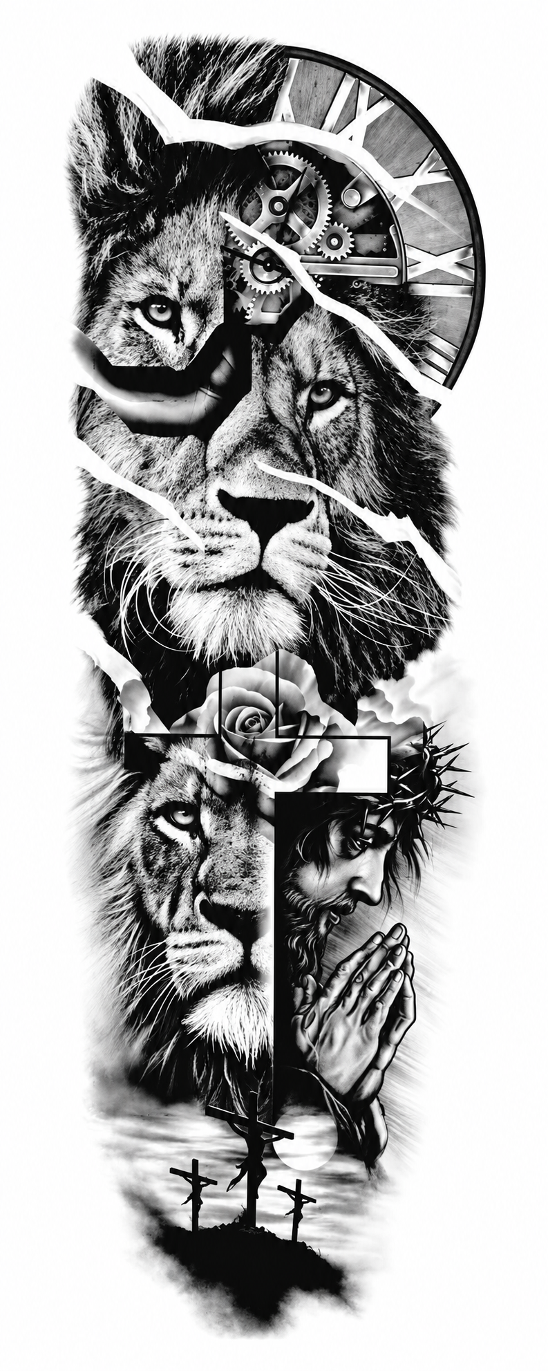 Dos Leones y Jesús - brazo completo semipermanente Premium AJ Novedades