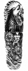 Lobo, Cruz, mujer - tatuaje semipermanente brazo completo