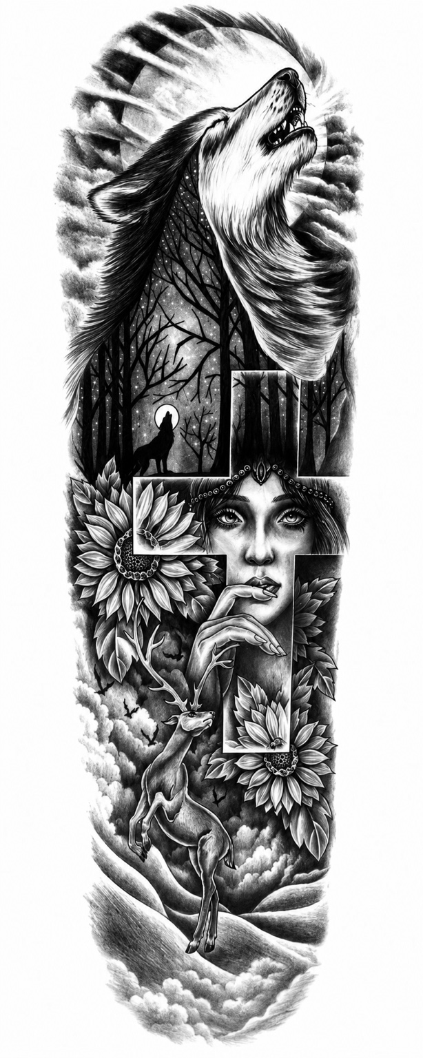 Lobo, Cruz, mujer - tatuaje semipermanente brazo completo