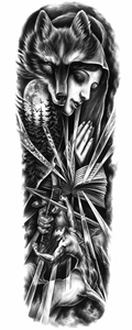 Lobo y virgen - tatuaje semipermanente brazo completo