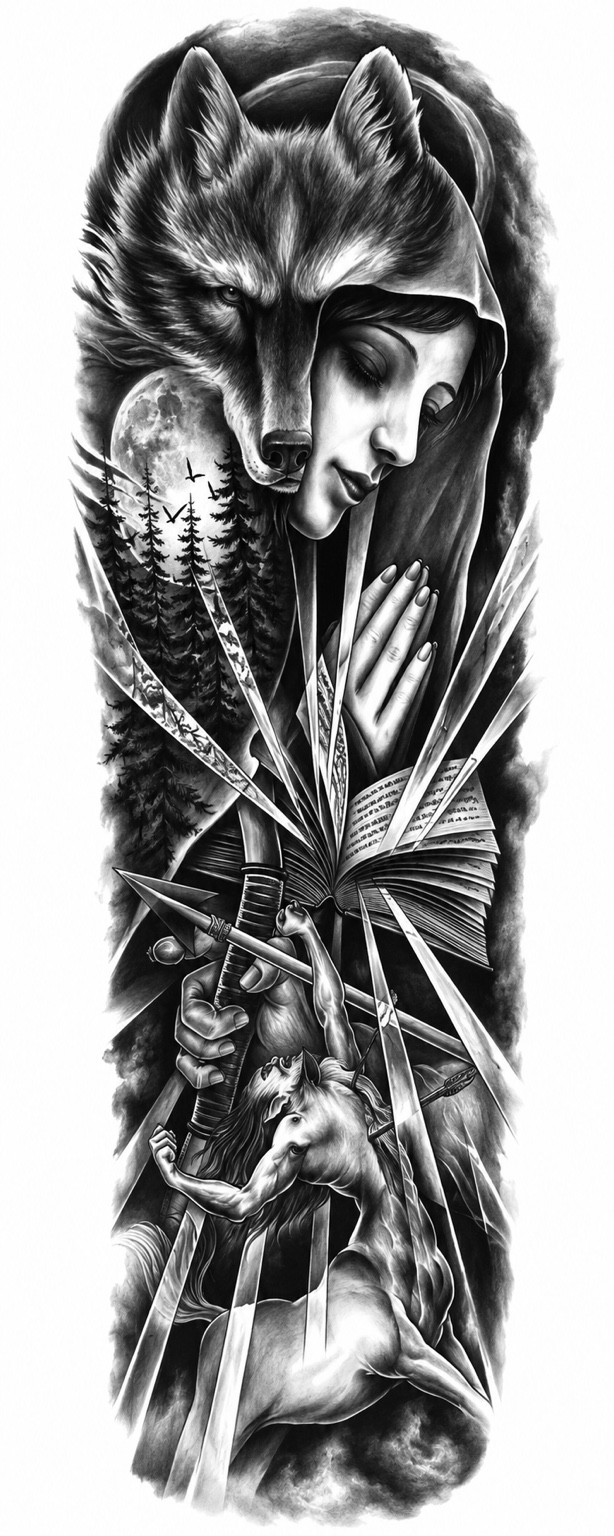 Lobo y virgen - tatuaje semipermanente brazo completo
