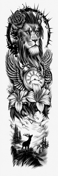 León y 2 lirios - tatuaje semipermanente brazo completo