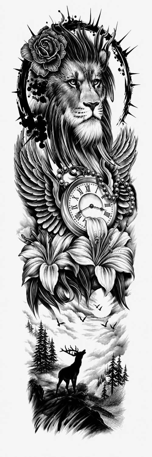 León y 2 lirios - tatuaje semipermanente brazo completo