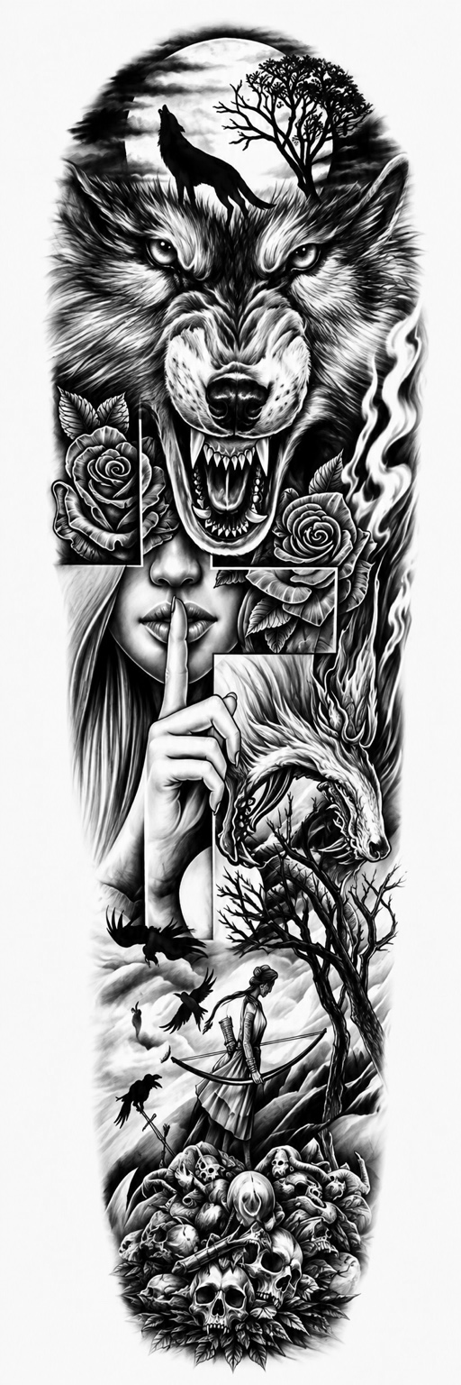 Lobo silencio - tatuaje semipermanente brazo completo