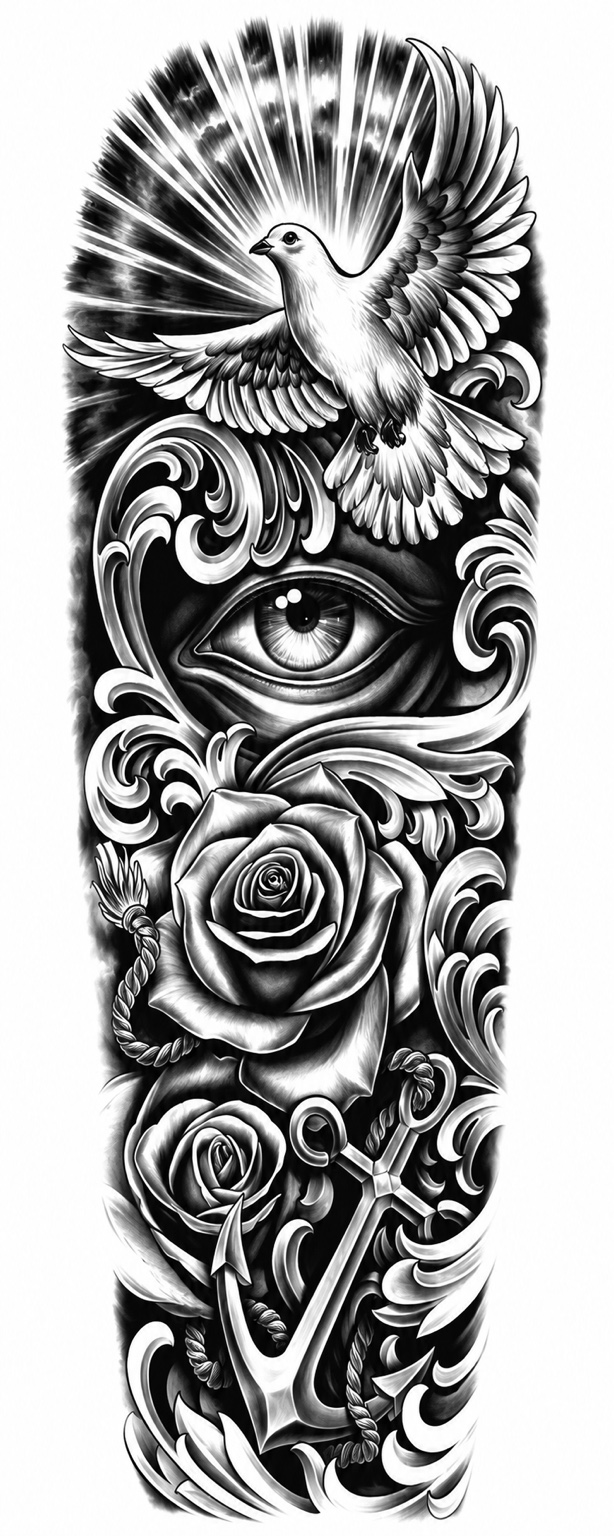 Paloma y ojo - tatuaje semipermanente brazo completo